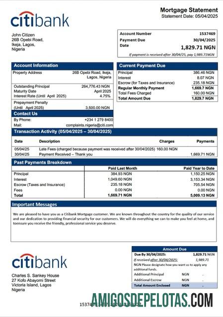 realista Modelo Word e PDF de declaração de hipoteca do Citibank da Nigéria